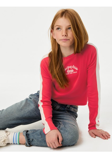 Pamuklu Grafikli Fitilli Sweatshirt (6-16 Yaş)