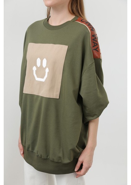20623 Iki Iplik Kumaş Smile Baskılı Oversize Tesettür Sweatshirt