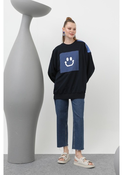 20623 Iki Iplik Kumaş Smile Baskılı Oversize Tesettür Sweatshirt indirimleri
