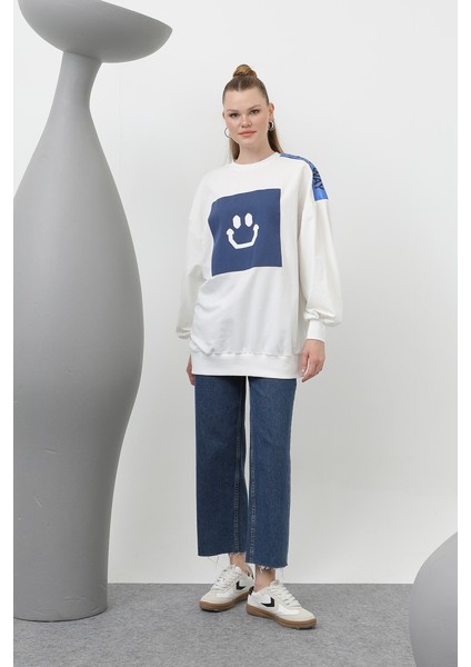20623 Iki Iplik Kumaş Smile Baskılı Oversize Tesettür Sweatshirt
