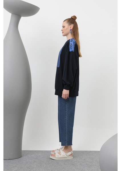20623 Iki Iplik Kumaş Smile Baskılı Oversize Tesettür Sweatshirt