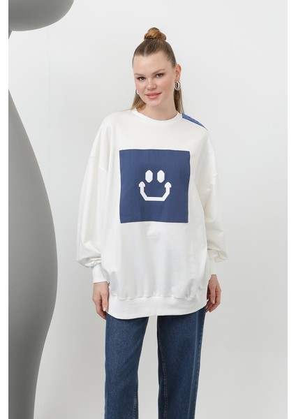 20623 Iki Iplik Kumaş Smile Baskılı Oversize Tesettür Sweatshirt fiyatları