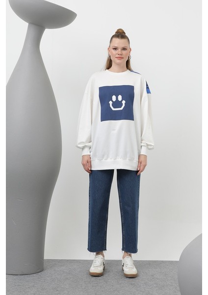 20623 Iki Iplik Kumaş Smile Baskılı Oversize Tesettür Sweatshirt indirimleri