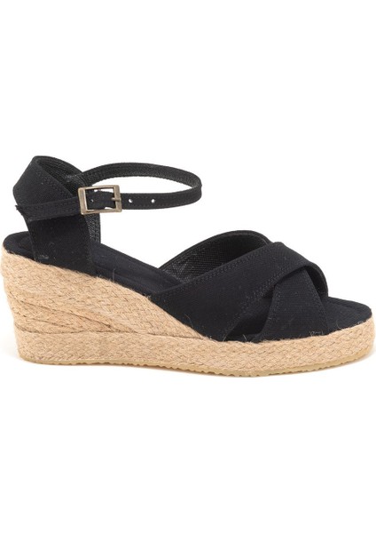 Gerçek Elişi 9cm Topuklu Platformlu Dolgu Topuk Keten Çapraz Sandalet Handmade