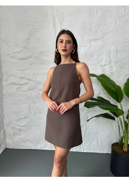 Kahve Ip Askılı Kısa Elbise