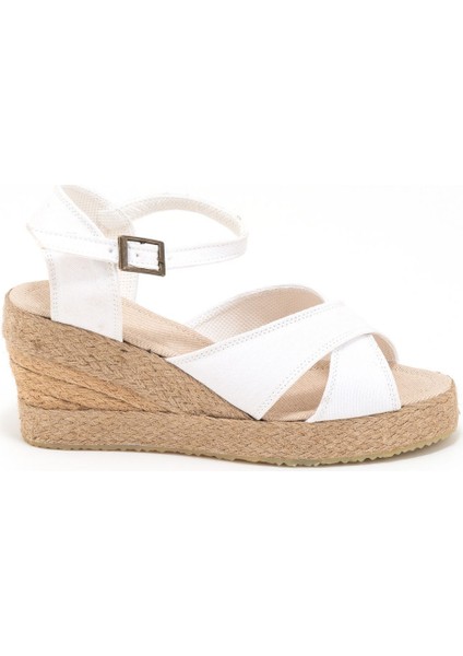 Elişi 9cm Topuklu Platformlu Dolgu Topuk Keten Çapraz Sandalet Handmade