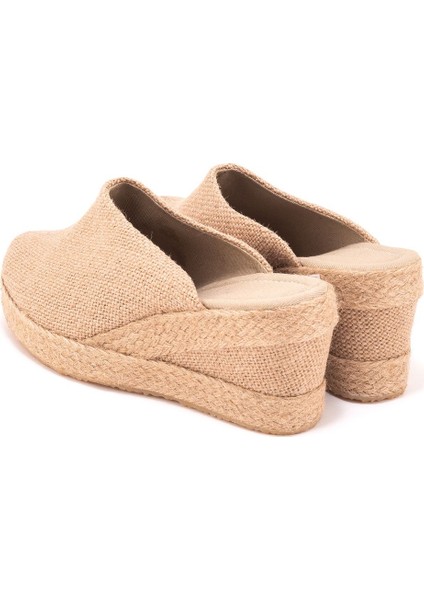 Elişi Platformlu Burnu Kapalı Elişi Hasır Keten 9cm Topuk Sabo Terlik Handmade