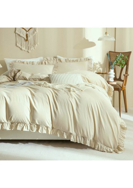 Pamuklu Fırfırlı Bej 160 x 220+50 x 70 Tek Kişilik Nevresim ve Yastık Kılıfı Seti