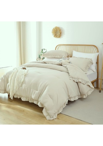 Pamuklu Fırfırlı Bej 160 x 220+50 x 70 Tek Kişilik Nevresim ve Yastık Kılıfı Seti