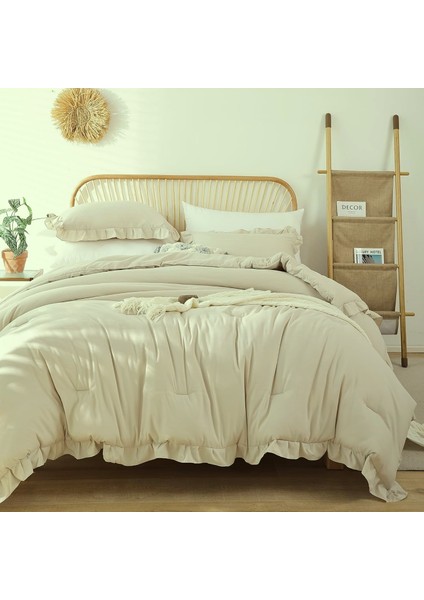Pamuklu Fırfırlı Bej 160 x 220+50 x 70 Tek Kişilik Nevresim ve Yastık Kılıfı Seti