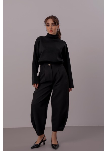 Kadın Siyah Dik Yaka Oversize Kazak modelleri