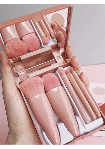 Taşınabilir Aynalı 5'li Makyaj Fırça Seti Göz Farı, Fondöten, Allık Karıştırma, Makyaj Fırçaları