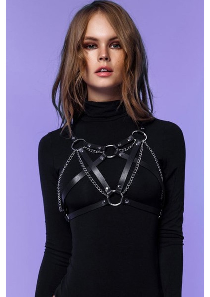 Mulvxbrf BRF02 Göğsü Açık Deri Harness Zincirli Sütyen 1184 (Mulvix)