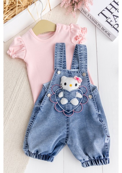 Oyuncak Kedili Kalp Desenli Denim Yazlık Kız Bebek Kot Salopet Tulum Takım