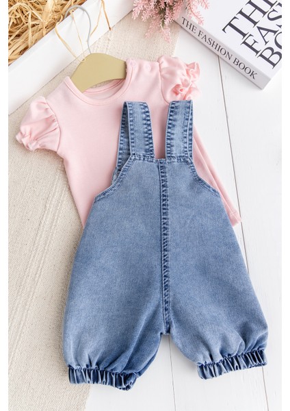Oyuncak Kedili Kalp Desenli Denim Yazlık Kız Bebek Kot Salopet Tulum Takım fırsatları