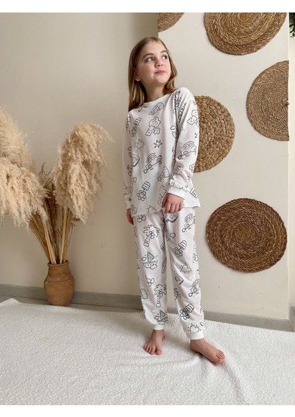 Boyanabilir Pijama Takımı uzunkollu(12li özel boyama kalemi hediyeli)