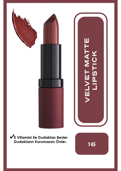 Velvet Matte Ruj No: 16 Metalik Renk Özelliği ile 8691190466169