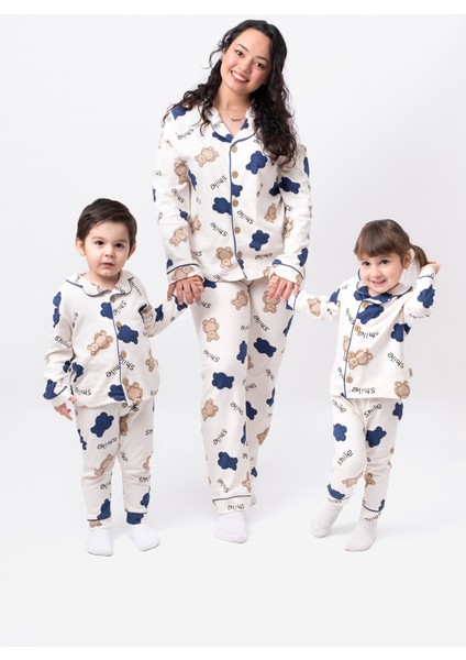 Pamuk Anne Bebek Çocuk Pijama Takımı Kruvaze Yaka Düğme Detaylı Pijama Takımı