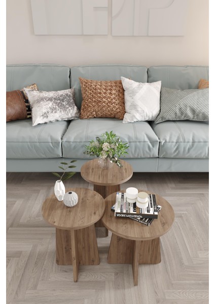 Wood Aria Mantar Sehpa 3'lü Set – Şık ve Fonksiyonel Zigon Sehpa, Yan Sehpa ve Orta Sehpa Takımı