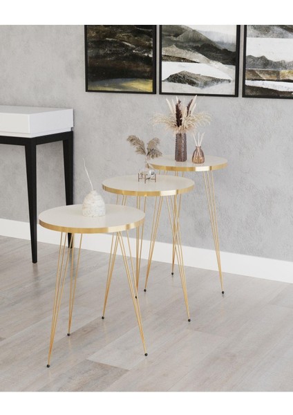 Wood Aria Zigon Sehpa, Gold Tel Ayak Sehpa, Gold Zigon Sehpa, 3lü Zigon Sehpa, Gold Sehpa, Altın Rengi