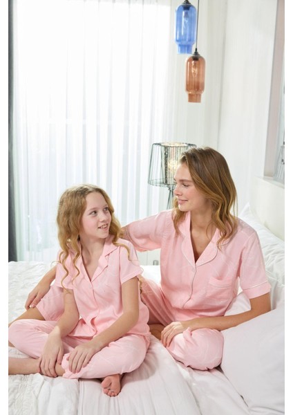 Kız Çocuk Önden Düğmeli Gömlek Yakalı Pamuk Saten Dokuma Kısa Kol Pijama Takımı