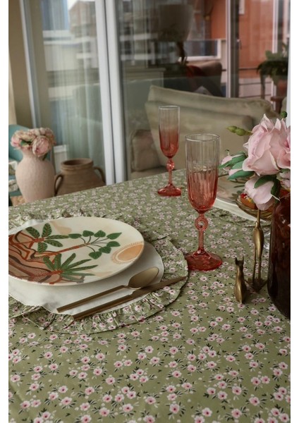 Masa Örtüsü Çiçekli Fırfırlı Vintage Yeşil 153X124