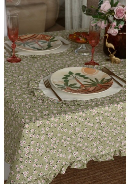 Masa Örtüsü Çiçekli Fırfırlı Vintage Yeşil 153X124