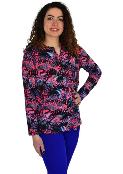 Kadın Yaprak Baskılı Düğmeli Viscon Bluz BGL-ST04273