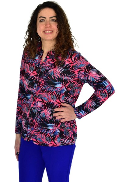 Kadın Yaprak Baskılı Düğmeli Viscon Bluz BGL-ST04273 fiyatları