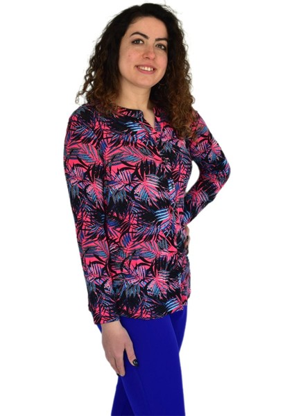 Kadın Yaprak Baskılı Düğmeli Viscon Bluz BGL-ST04273