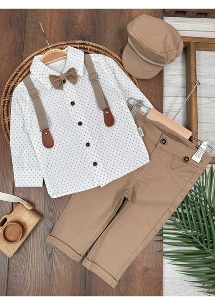 Deluxe Erkek Bebek Takım 5 Parça Şapkalı Askılı Papyonlu Gömlek ve Likralı Gabardin Pantolonlu Takım