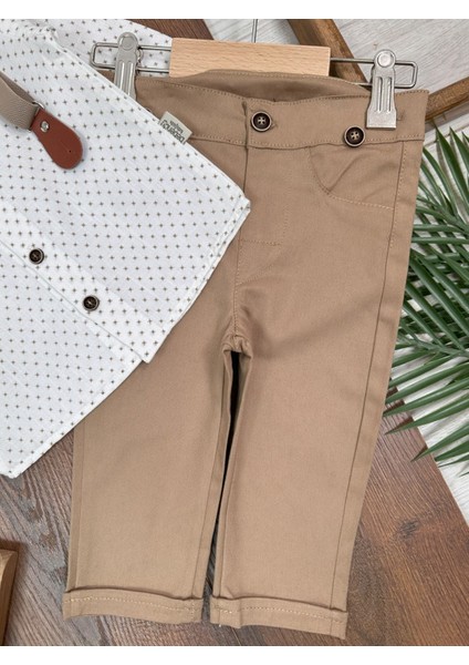 Deluxe Erkek Bebek Takım 5 Parça Şapkalı Askılı Papyonlu Gömlek ve Likralı Gabardin Pantolonlu Takım indirimleri