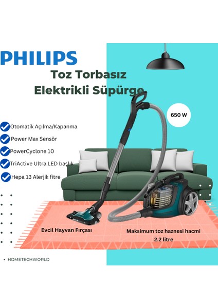 Phılıps Yüksek Emiş Gücü Toz Torbasız Elektrikli Süpürge Yeşil