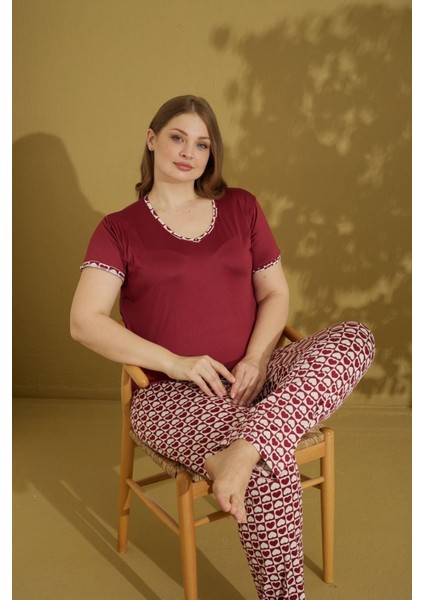 Kadın Düğmesiz V Yaka Yazlık Pamuk Likra Büyük Beden Kısa Kol Pijama Takımı