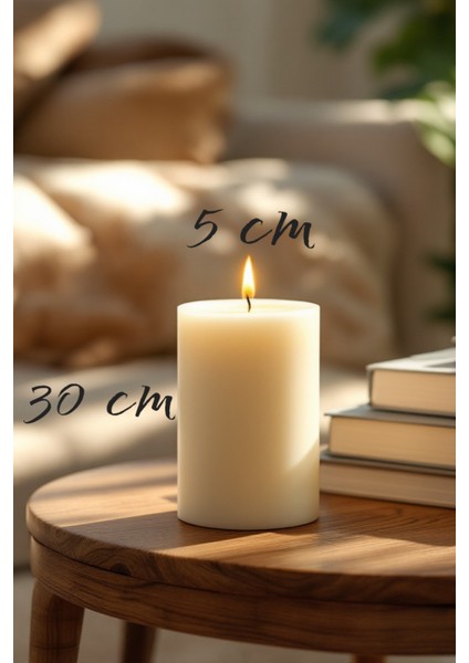 El Işçiliği Hand Made Kütük Silindir Mum Krem Renk 5 cm Genişlik 30 cm Uzunluk Gül Kokulu