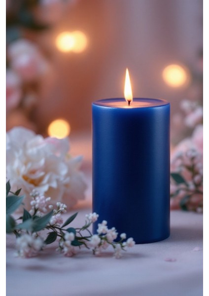 El Işçiliği Hand Made Kütük Silindir Mum Lacivert Renk 5 cm Genişlik 15 cm Uzunluk Kahve Aroması Kokulu