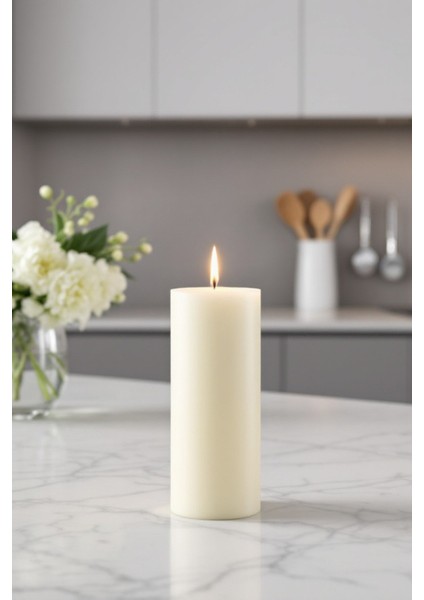 El Işçiliği Hand Made Kütük Silindir Mum Krem Renk 5 cm Genişlik 30 cm Uzunluk Kahve Aroması Kokulu