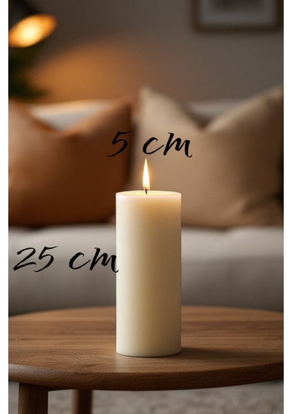 El Işçiliği Hand Made Kütük Silindir Mum Krem Renk 5 cm Genişlik 25 cm Uzunluk Gül Kokulu
