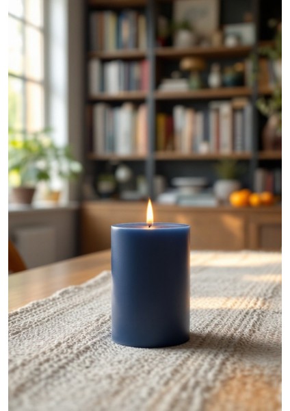 El Işçiliği Hand Made Kütük Silindir Mum Lacivert Renk 5 cm Genişlik 12,5 cm Uzunluk Kahve Aroması Kokulu