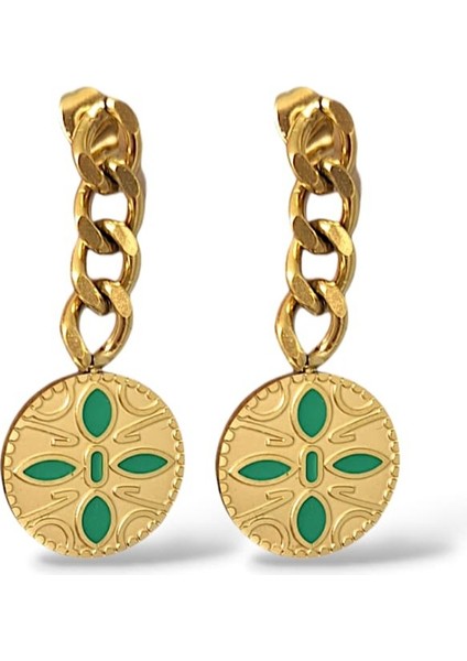 Işlemeli Yeşil Çiçek Motif Sallantılı Çelik Küpe