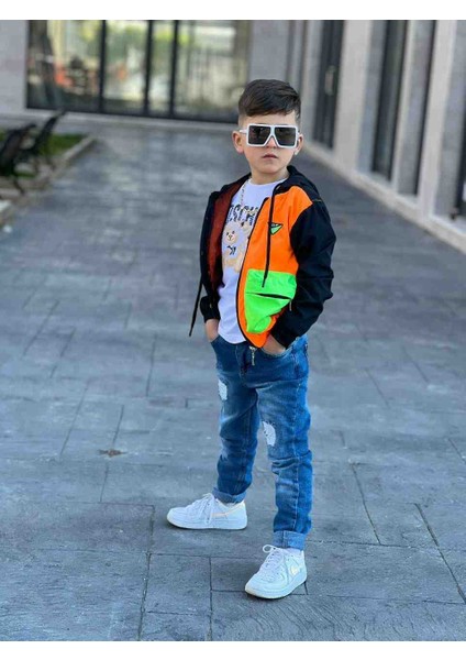 Erkek Çocuk Kot Pantalon Yağmurluk ve Tişört Takım Kombin Bayramlık