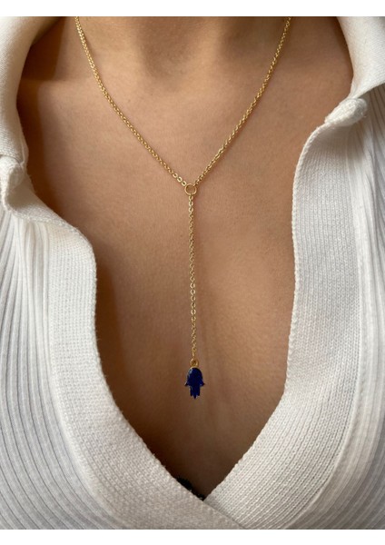 Collection Lacivert ve Gold Cift Taraflı Charm Altın Kaplama Dekolte Y Gold Kolye