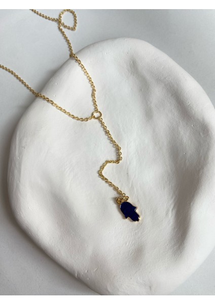 Collection Lacivert ve Gold Cift Taraflı Charm Altın Kaplama Dekolte Y Gold Kolye