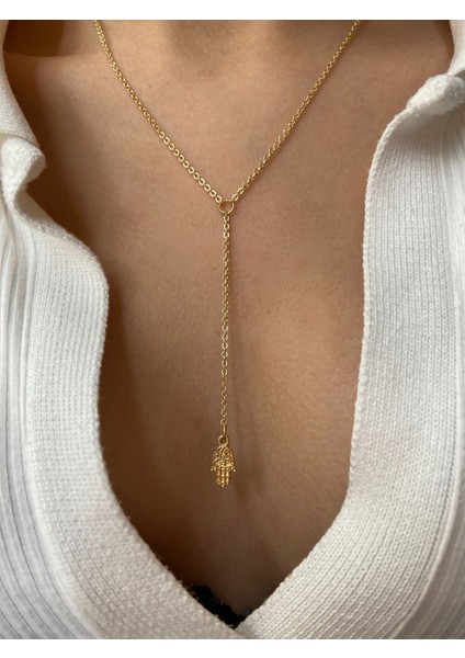 Collection Lacivert ve Gold Cift Taraflı Charm Altın Kaplama Dekolte Y Gold Kolye