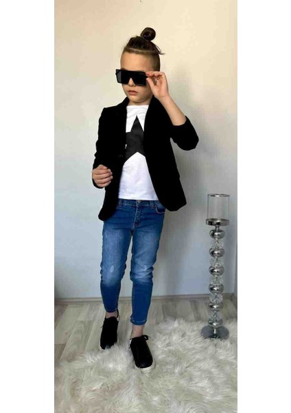 Erkek Çocuk Kot Pantalon Ceket ve Tişört Takım Bayramlık Kombin