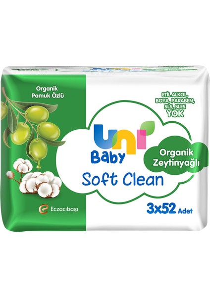 Soft Clean 3 x 52'li Organik Zeytinyağlı Islak Havlu