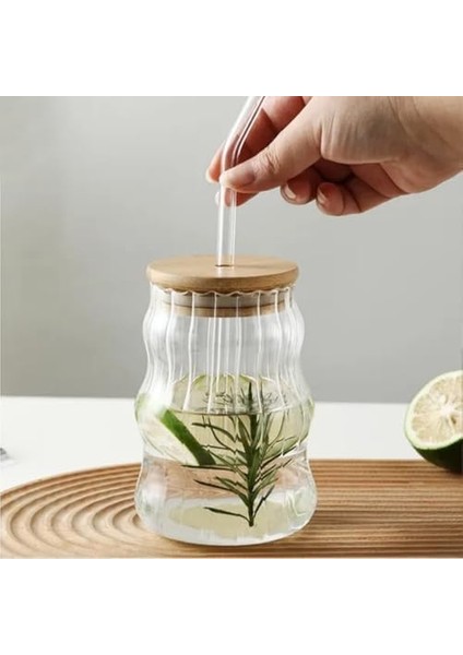 500ML Bambu Kapaklı Cam Bardak, Cam Pipetli Silikon Kapak Contalı Desenli Sıcak Soğuk Içecekler Kahve Meyve Suları ve Çayları Için Şık Ergonamik Tasarım