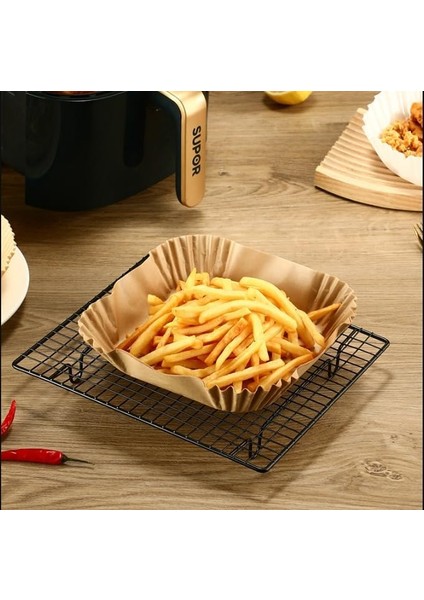 Fryer Pişirme Kağıdı, Hava Fritözü Kağıdı, Fırın Pişirme Kağıdı, Xl ve Xxl Uygun, Tarım Bakanlığı Onaylı, Kare Tabak, Koruma Tabağı ile Birlikte, 20X20+4,5 Cm, 100 Adet