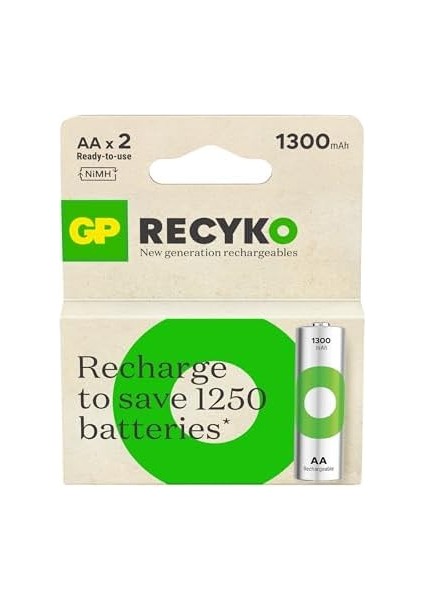 Batteries Recyko 1300 Aa Kalem Ni-Mh Şarjlı Pil, 1.2 Volt, 2'li Kart