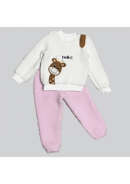 1-2-3 Yaş Hello Zürafa Nakışlı Kuzu Kumaş Sweat Pantolon Uzun Kollu Kız Erkek 2 Li Takımı